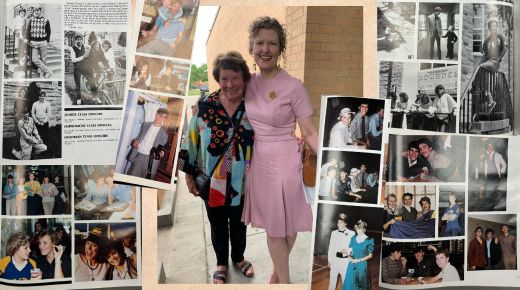 Änna Overbo wears Mary Fran O'Keefe's 1963 graduation dress for the 60th anniversary. Anne Marie Dominguez's 1980s yearbook photos also show how times have changed.