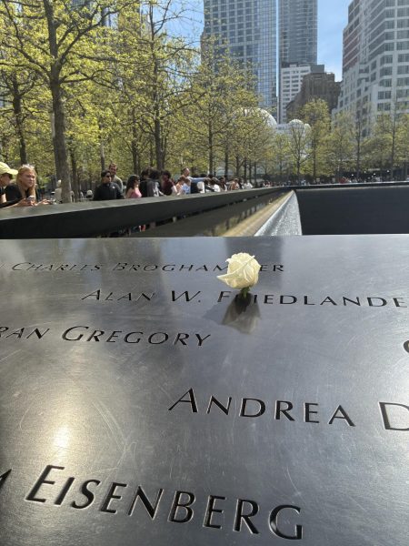 The white rose on this 9/11 memorial represents someone’s birthday that they would have been celebrating, had they not lost their life.